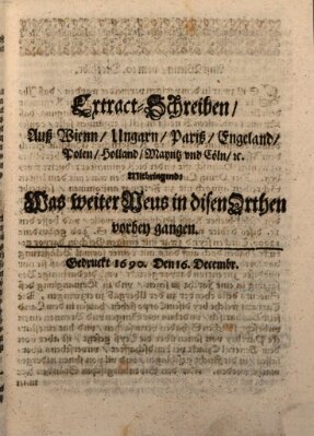 Mercurii Relation, oder wochentliche Reichs Ordinari Zeitungen, von underschidlichen Orthen (Süddeutsche Presse) Samstag 16. Dezember 1690