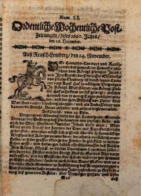 Ordentliche wochentliche Post-Zeitungen Samstag 16. Dezember 1690