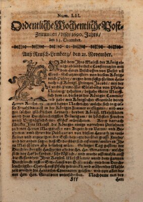 Ordentliche wochentliche Post-Zeitungen Samstag 23. Dezember 1690