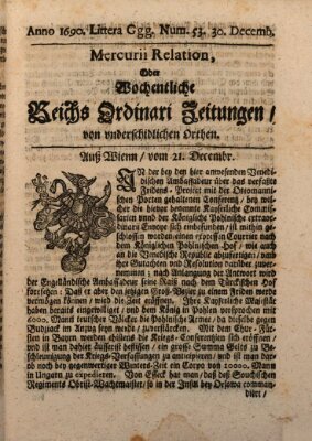 Mercurii Relation, oder wochentliche Reichs Ordinari Zeitungen, von underschidlichen Orthen (Süddeutsche Presse) Samstag 30. Dezember 1690