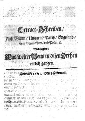 Mercurii Relation, oder wochentliche Reichs Ordinari Zeitungen, von underschidlichen Orthen (Süddeutsche Presse) Samstag 3. Februar 1691