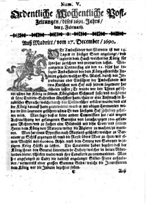 Ordentliche wochentliche Post-Zeitungen Samstag 3. Februar 1691