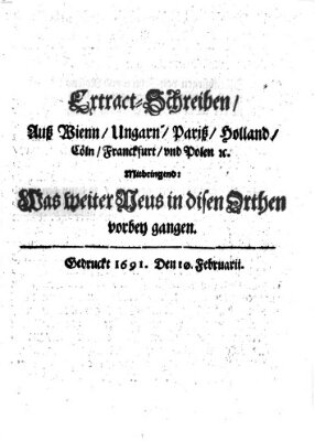 Mercurii Relation, oder wochentliche Reichs Ordinari Zeitungen, von underschidlichen Orthen (Süddeutsche Presse) Samstag 10. Februar 1691