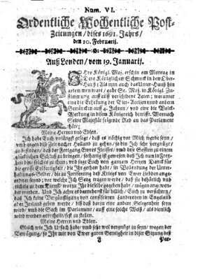 Ordentliche wochentliche Post-Zeitungen Samstag 10. Februar 1691