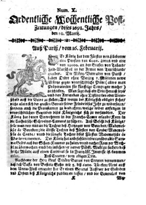 Ordentliche wochentliche Post-Zeitungen Samstag 10. März 1691