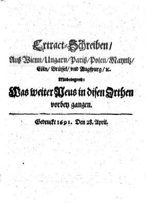 Mercurii Relation, oder wochentliche Reichs Ordinari Zeitungen, von underschidlichen Orthen (Süddeutsche Presse) Samstag 28. April 1691