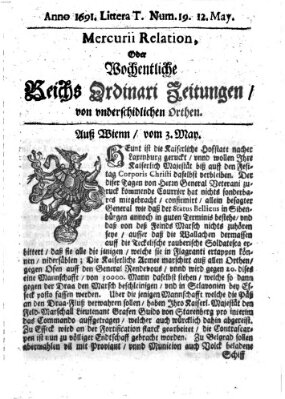 Mercurii Relation, oder wochentliche Reichs Ordinari Zeitungen, von underschidlichen Orthen (Süddeutsche Presse) Samstag 12. Mai 1691