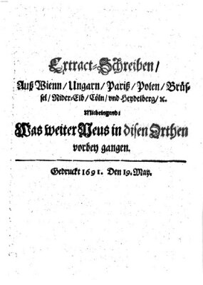 Mercurii Relation, oder wochentliche Reichs Ordinari Zeitungen, von underschidlichen Orthen (Süddeutsche Presse) Samstag 19. Mai 1691