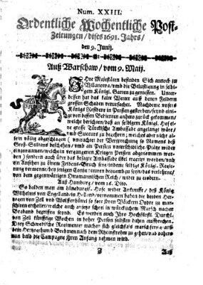 Ordentliche wochentliche Post-Zeitungen Samstag 9. Juni 1691