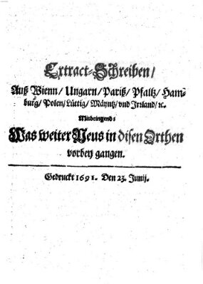 Mercurii Relation, oder wochentliche Reichs Ordinari Zeitungen, von underschidlichen Orthen (Süddeutsche Presse) Samstag 23. Juni 1691