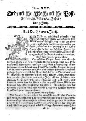 Ordentliche wochentliche Post-Zeitungen Samstag 23. Juni 1691