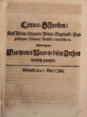 Mercurii Relation, oder wochentliche Reichs Ordinari Zeitungen, von underschidlichen Orthen (Süddeutsche Presse) Samstag 7. Juli 1691