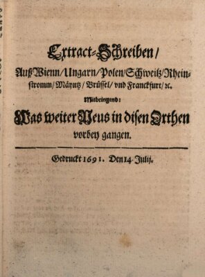 Mercurii Relation, oder wochentliche Reichs Ordinari Zeitungen, von underschidlichen Orthen (Süddeutsche Presse) Samstag 14. Juli 1691