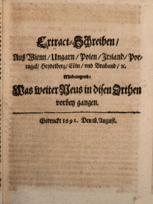 Mercurii Relation, oder wochentliche Reichs Ordinari Zeitungen, von underschidlichen Orthen (Süddeutsche Presse) Samstag 18. August 1691