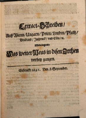 Mercurii Relation, oder wochentliche Reichs Ordinari Zeitungen, von underschidlichen Orthen (Süddeutsche Presse) Samstag 8. September 1691