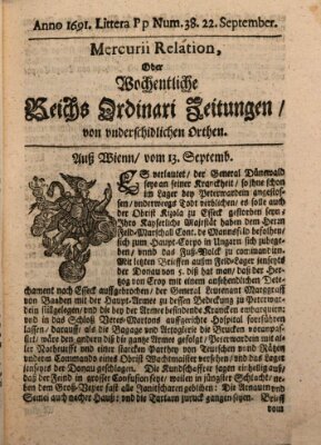 Mercurii Relation, oder wochentliche Reichs Ordinari Zeitungen, von underschidlichen Orthen (Süddeutsche Presse) Samstag 22. September 1691