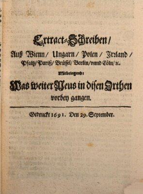 Mercurii Relation, oder wochentliche Reichs Ordinari Zeitungen, von underschidlichen Orthen (Süddeutsche Presse) Samstag 29. September 1691