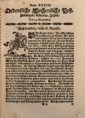 Ordentliche wochentliche Post-Zeitungen Samstag 29. September 1691