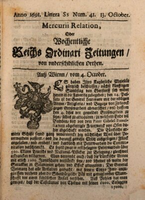 Mercurii Relation, oder wochentliche Reichs Ordinari Zeitungen, von underschidlichen Orthen (Süddeutsche Presse) Samstag 13. Oktober 1691