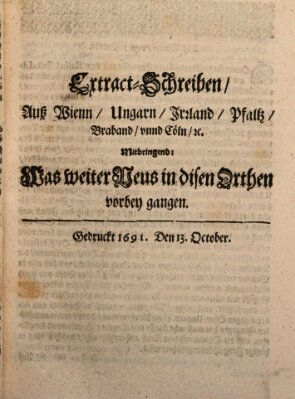 Mercurii Relation, oder wochentliche Reichs Ordinari Zeitungen, von underschidlichen Orthen (Süddeutsche Presse) Samstag 13. Oktober 1691
