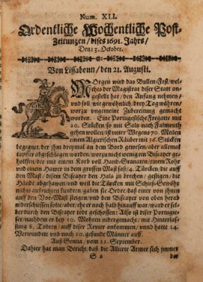 Ordentliche wochentliche Post-Zeitungen Samstag 13. Oktober 1691
