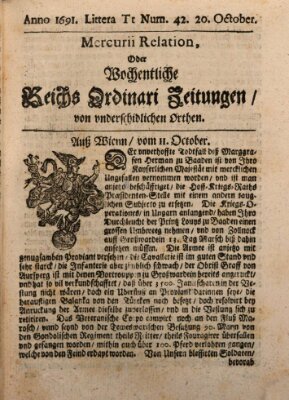 Mercurii Relation, oder wochentliche Reichs Ordinari Zeitungen, von underschidlichen Orthen (Süddeutsche Presse) Samstag 20. Oktober 1691