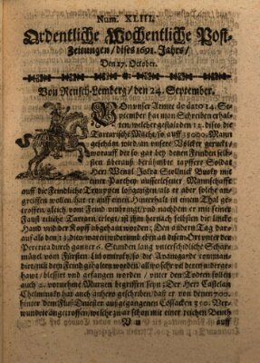 Ordentliche wochentliche Post-Zeitungen Samstag 27. Oktober 1691