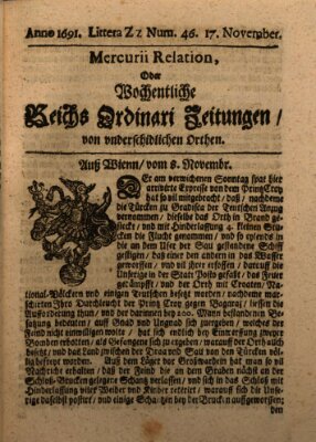 Mercurii Relation, oder wochentliche Reichs Ordinari Zeitungen, von underschidlichen Orthen (Süddeutsche Presse) Samstag 17. November 1691