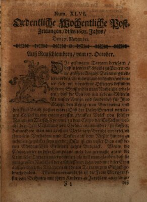 Ordentliche wochentliche Post-Zeitungen Samstag 17. November 1691