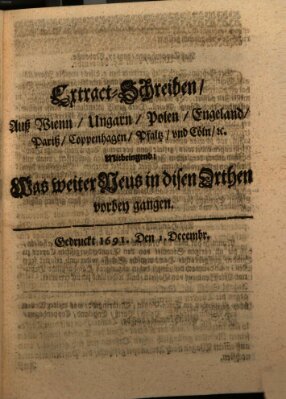 Mercurii Relation, oder wochentliche Reichs Ordinari Zeitungen, von underschidlichen Orthen (Süddeutsche Presse) Samstag 1. Dezember 1691