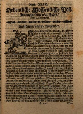 Ordentliche wochentliche Post-Zeitungen Samstag 8. Dezember 1691