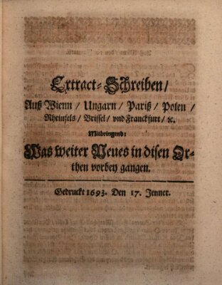 Mercurii Relation, oder wochentliche Reichs Ordinari Zeitungen, von underschidlichen Orthen (Süddeutsche Presse) Samstag 17. Januar 1693