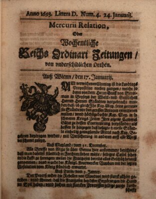 Mercurii Relation, oder wochentliche Reichs Ordinari Zeitungen, von underschidlichen Orthen (Süddeutsche Presse) Samstag 24. Januar 1693