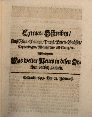 Mercurii Relation, oder wochentliche Reichs Ordinari Zeitungen, von underschidlichen Orthen (Süddeutsche Presse) Samstag 21. Februar 1693