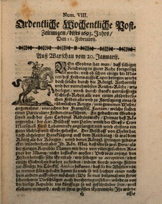 Ordentliche wochentliche Post-Zeitungen Samstag 21. Februar 1693