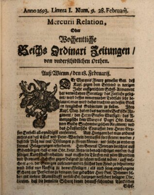 Mercurii Relation, oder wochentliche Reichs Ordinari Zeitungen, von underschidlichen Orthen (Süddeutsche Presse) Samstag 28. Februar 1693