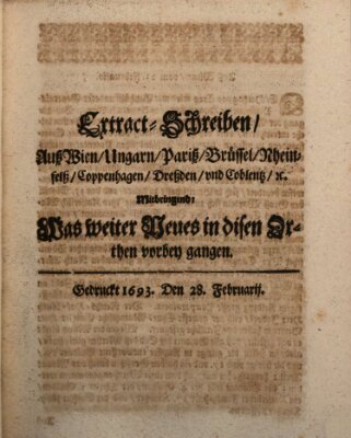 Mercurii Relation, oder wochentliche Reichs Ordinari Zeitungen, von underschidlichen Orthen (Süddeutsche Presse) Samstag 28. Februar 1693