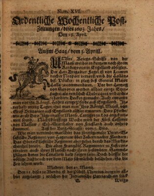 Ordentliche wochentliche Post-Zeitungen Samstag 18. April 1693