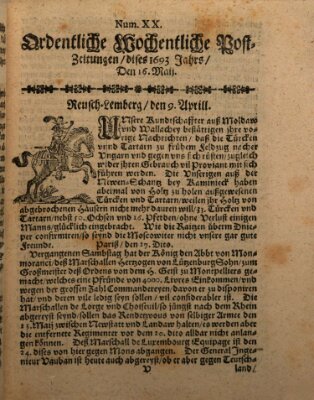 Ordentliche wochentliche Post-Zeitungen Samstag 16. Mai 1693