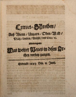 Mercurii Relation, oder wochentliche Reichs Ordinari Zeitungen, von underschidlichen Orthen (Süddeutsche Presse) Samstag 6. Juni 1693