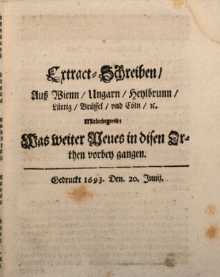 Mercurii Relation, oder wochentliche Reichs Ordinari Zeitungen, von underschidlichen Orthen (Süddeutsche Presse) Samstag 20. Juni 1693