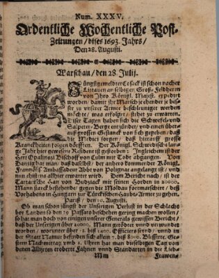 Ordentliche wochentliche Post-Zeitungen Freitag 28. August 1693