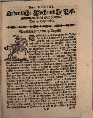 Ordentliche wochentliche Post-Zeitungen Samstag 19. September 1693