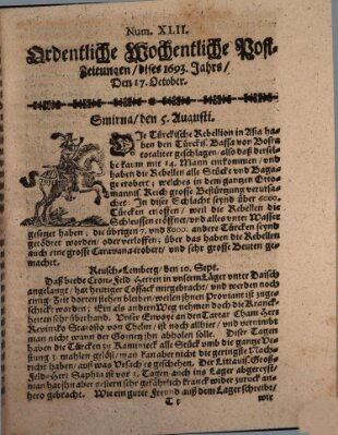 Ordentliche wochentliche Post-Zeitungen Samstag 17. Oktober 1693