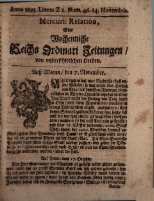 Mercurii Relation, oder wochentliche Reichs Ordinari Zeitungen, von underschidlichen Orthen (Süddeutsche Presse) Samstag 14. November 1693