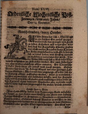 Ordentliche wochentliche Post-Zeitungen Samstag 14. November 1693