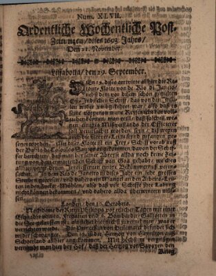 Ordentliche wochentliche Post-Zeitungen Samstag 21. November 1693