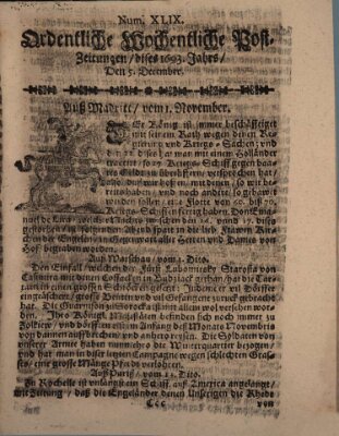 Ordentliche wochentliche Post-Zeitungen Samstag 5. Dezember 1693
