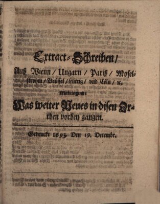 Mercurii Relation, oder wochentliche Reichs Ordinari Zeitungen, von underschidlichen Orthen (Süddeutsche Presse) Samstag 19. Dezember 1693