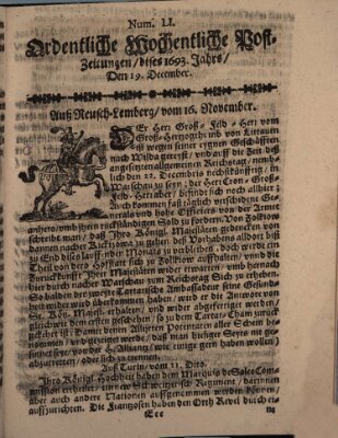 Ordentliche wochentliche Post-Zeitungen Samstag 19. Dezember 1693